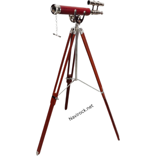 Vintage Brass Double Barrel Nautical Telescope With Wooden Stand