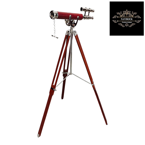 Vintage Brass Double Barrel Nautical Telescope With Wooden Stand