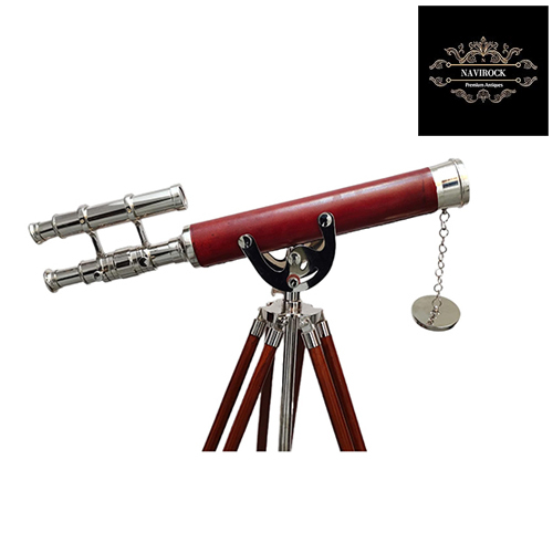 Vintage Brass Double Barrel Nautical Telescope With Wooden Stand