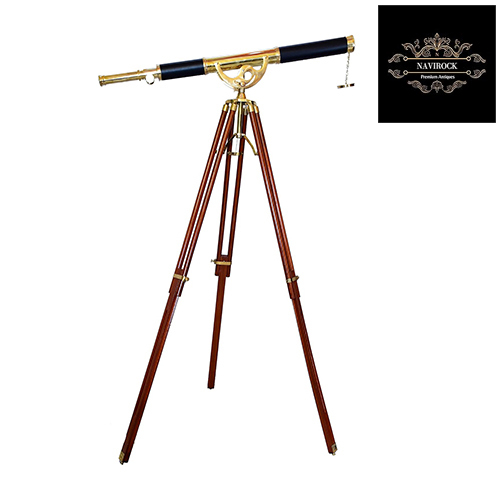 Black Leather Nautical Shiny Brass Vintage Marine Telescope