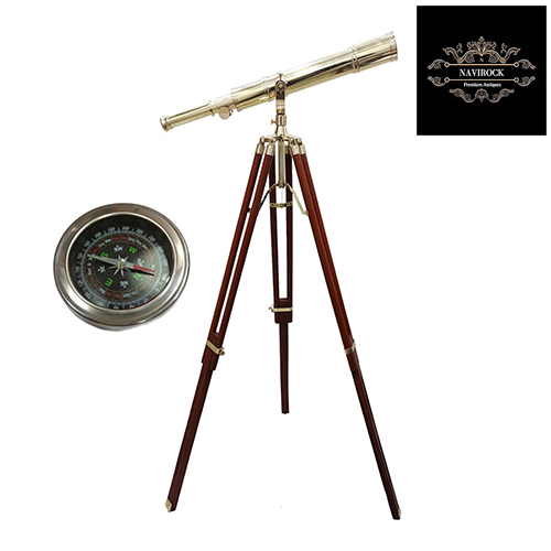 Solid Brass Shiny Brass Nautical Marine Navy Telescope with Wooden Tripod