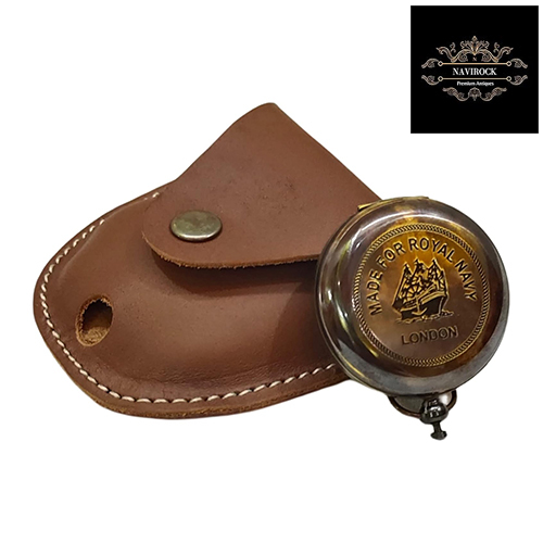 Brass Sundial Compass with Leather Case Push Open Compass