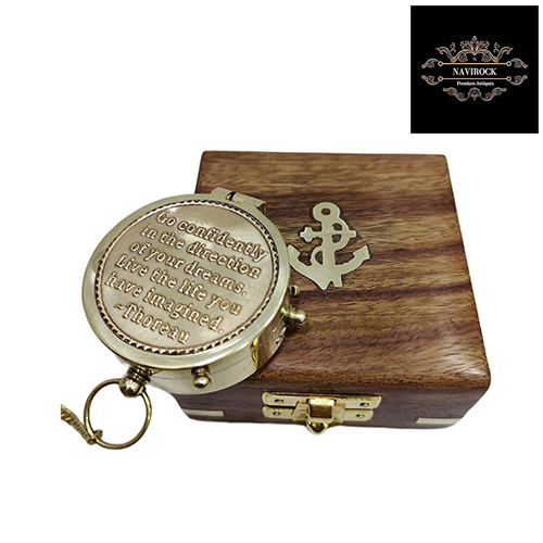 Vintage Marine Go Confidently Poem Quote Brass Magnetic Compass with Wooden Box