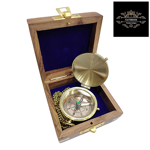 Vintage Marine Go Confidently Poem Quote Brass Magnetic Compass with Wooden Box