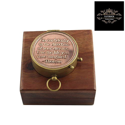 Nautical Handmade Engraved Quote Go Confidently In Tha Direction Of Your Dreams Royal Collectible With Copper Lid Pocket Compass - Color: Antique Brass