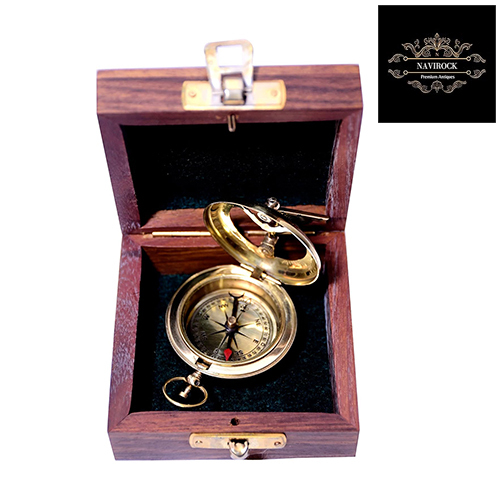 Handmade Brass Push Open Compass with Rose Wood Case