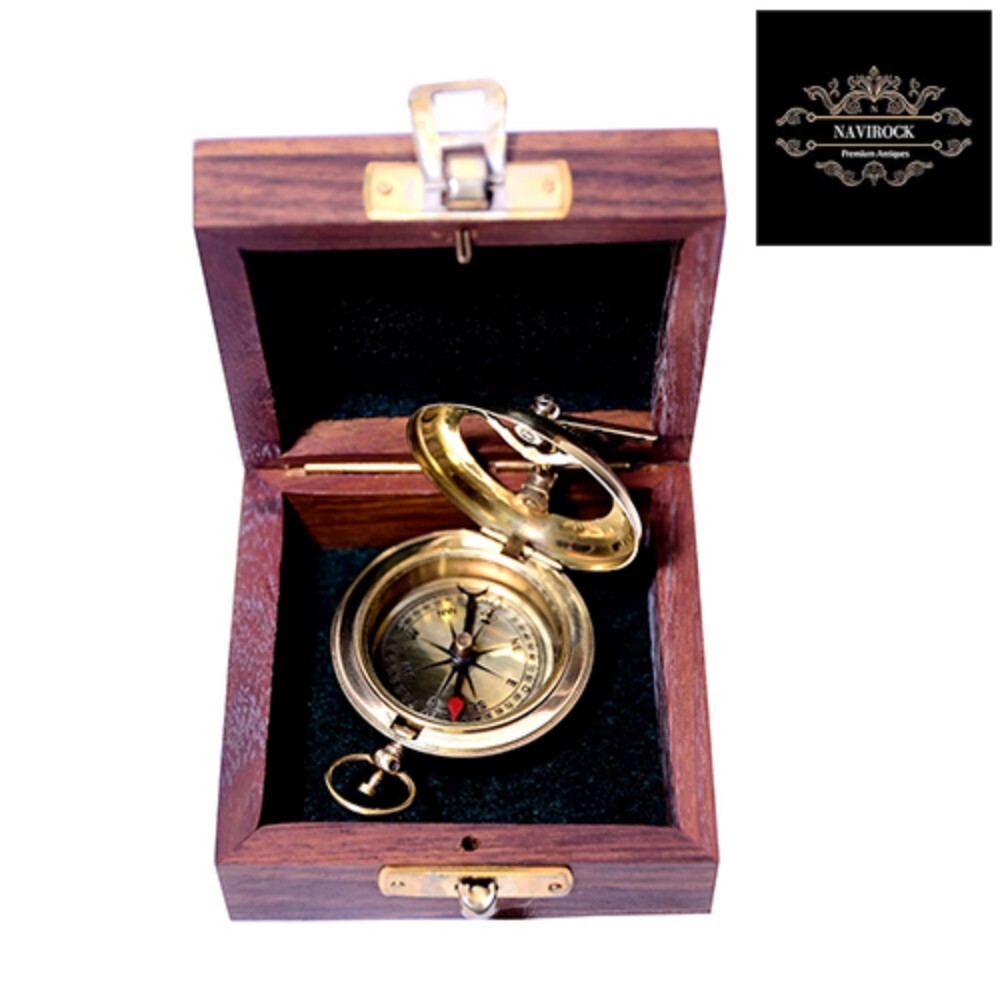 Handmade Brass Push Open Compass With Rose Wood Case - Finish: Polished Antique Finish