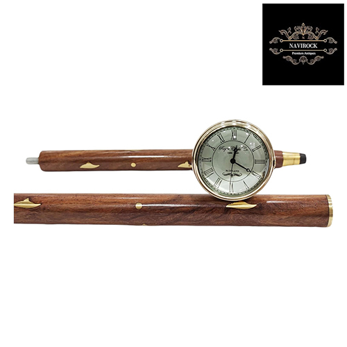 Vintage Folding Walking Stick Cane with Brass Clock On Top