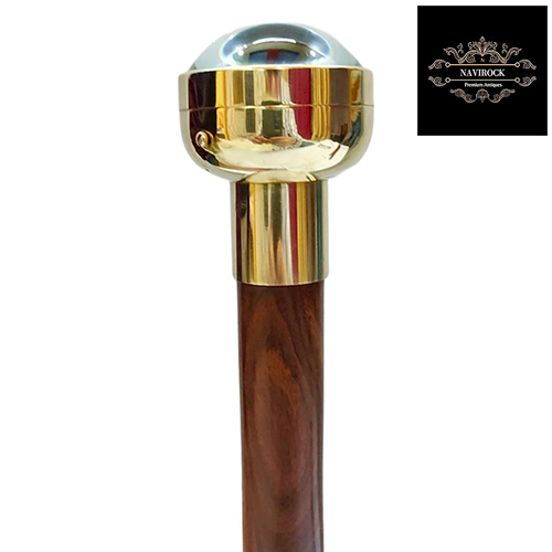Shiny Brass Clock Handle Wood Walking Stick Cane