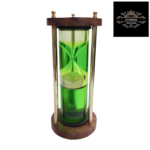 Nautical Brass Tabletop Hourglass Wooden Base Green Liquid Sand Timer