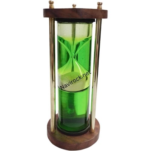 Nautical Brass Tabletop Hourglass Wooden Base Green Liquid Sand Timer