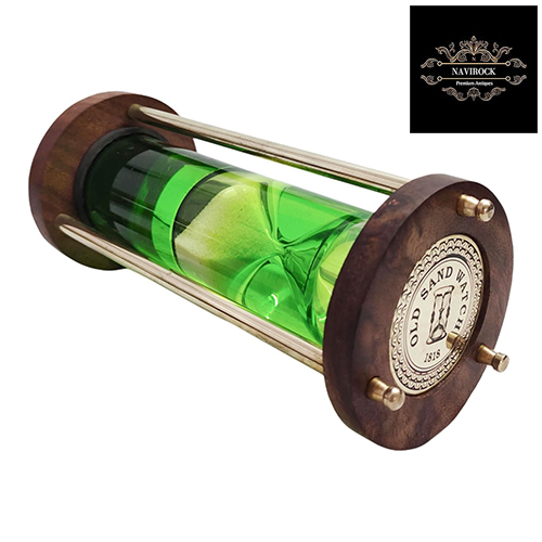 Nautical Brass Tabletop Hourglass Wooden Base Green Liquid Sand Timer