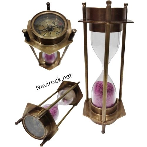 Marine Antique Compass Hourglass 5 Minutes Approx Vintage Sand Timer - Color: Brass