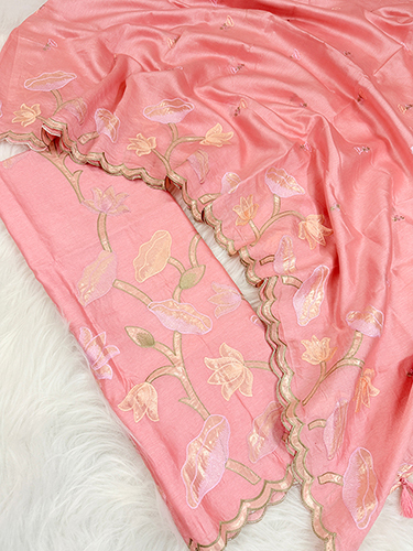 Premium Banarasi Pure Tassar Viscose Silk With Pure Tissue Silk Applique Work Suits