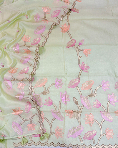 Premium Banarasi Pure Tassar Viscose Silk With Pure Tissue Silk Applique Work Suits