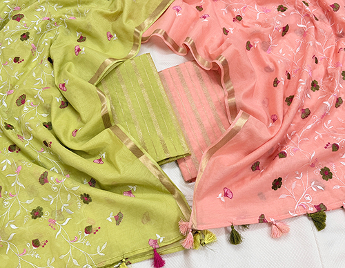 Exclusive Banarsi Chanderi Suits With Mul Mul Dupatta