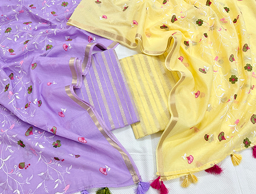 Exclusive Banarsi Chanderi Suits With Mul Mul Dupatta