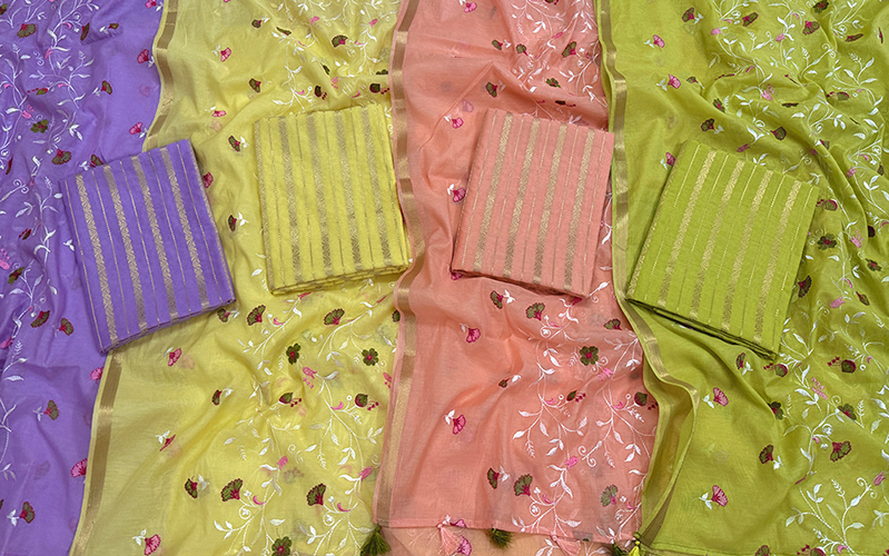 Exclusive Banarsi Chanderi Suits With Mul Mul Dupatta