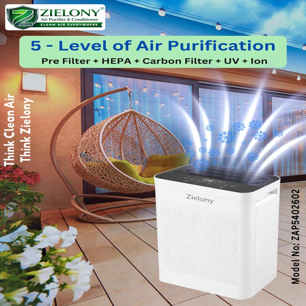 Zielony Air purifier for Home & Office || Cleans Upto 540 Sq. Ft || 5-in-1, Pre-Filter + H13 HEPA + Activated Carbon + UV + Negative Ion || Removes 99.99% Pollutants || 1-year Onsite Warranty