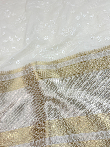 Premium Mulmul Chanderi With Skirt Border And Flower Embroidery Booti And Jaal Design