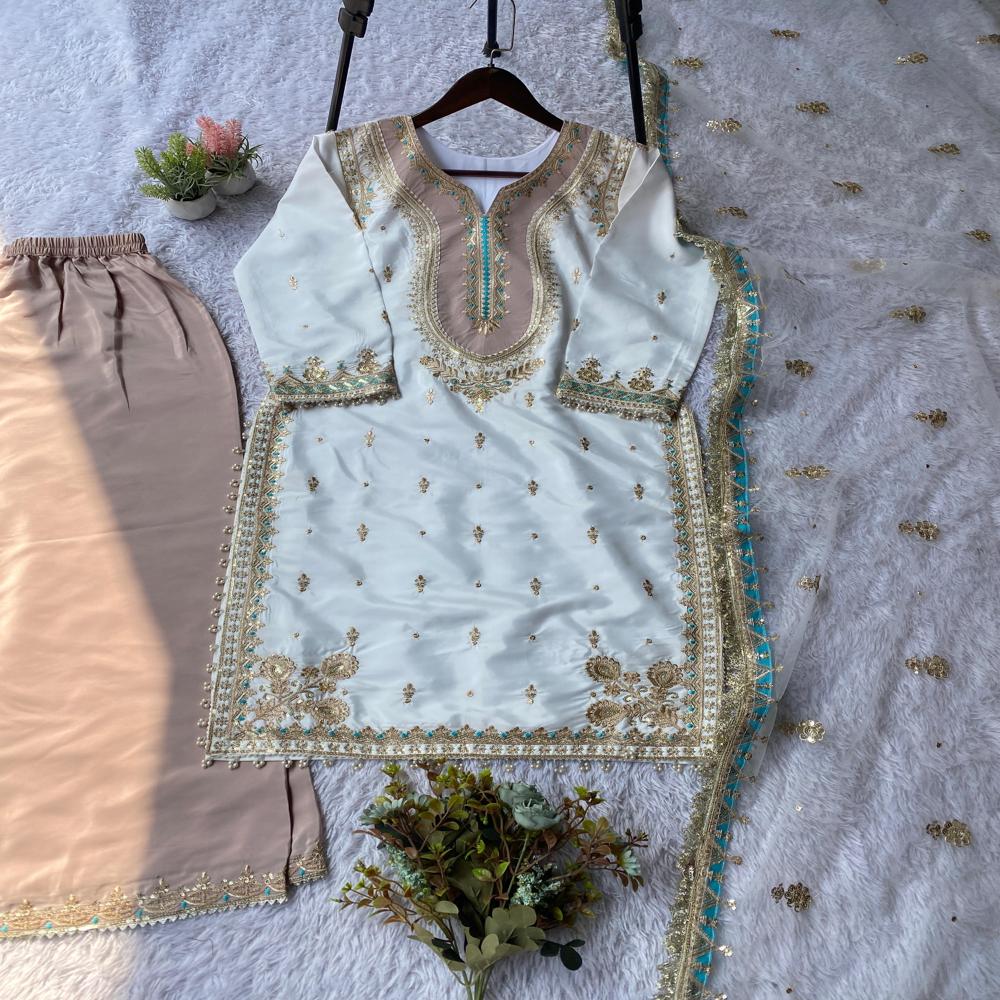 Royal Silver Embroidery Kurti Sharara Set With Dupatta