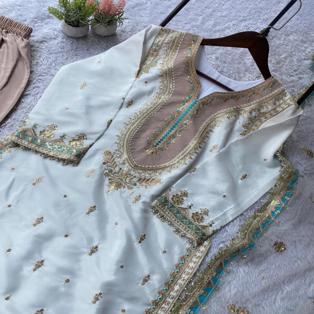 Royal Silver Embroidery Kurti Sharara Set With Dupatta