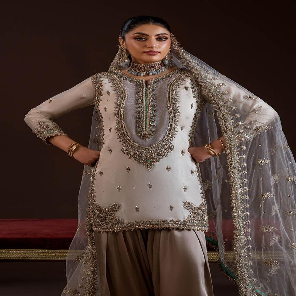 Royal Silver Embroidery Kurti Sharara Set With Dupatta