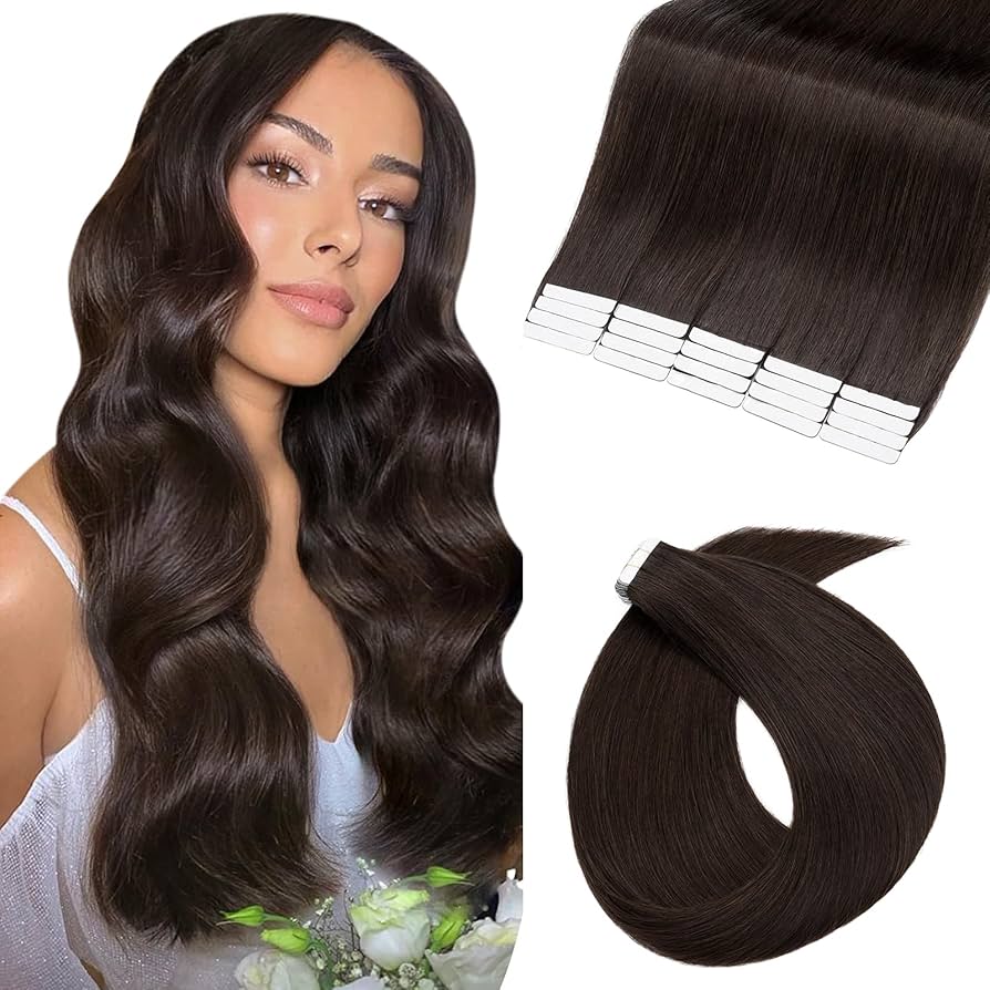 Invisible Tape In Hair Extensions Indian Human Hair 30inch | 40pc Salon Ready - Color: Black