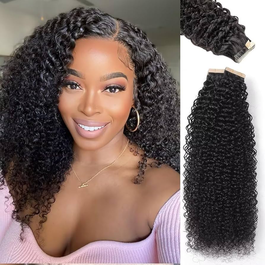 Curly Tape Ins Hair Extensions Human Hair 24Inches Natural Black