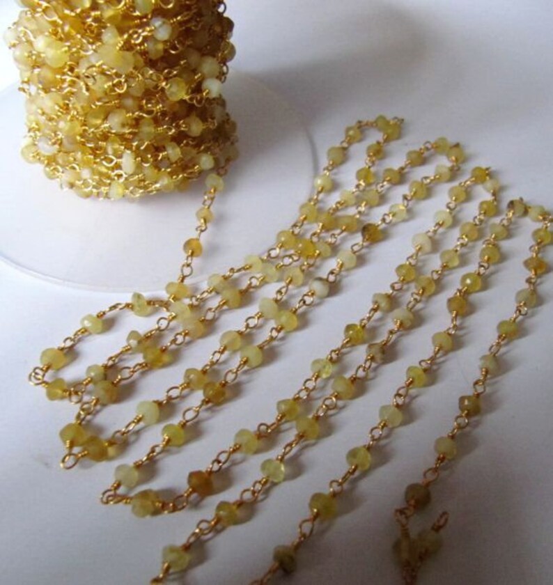 Natural Yellow Opal Rondelle Faceted Beaded Wire Wrapped Rosary Aati Chain 3mm Size Yellow Bead Chain Wholesale Prices gemstone chain