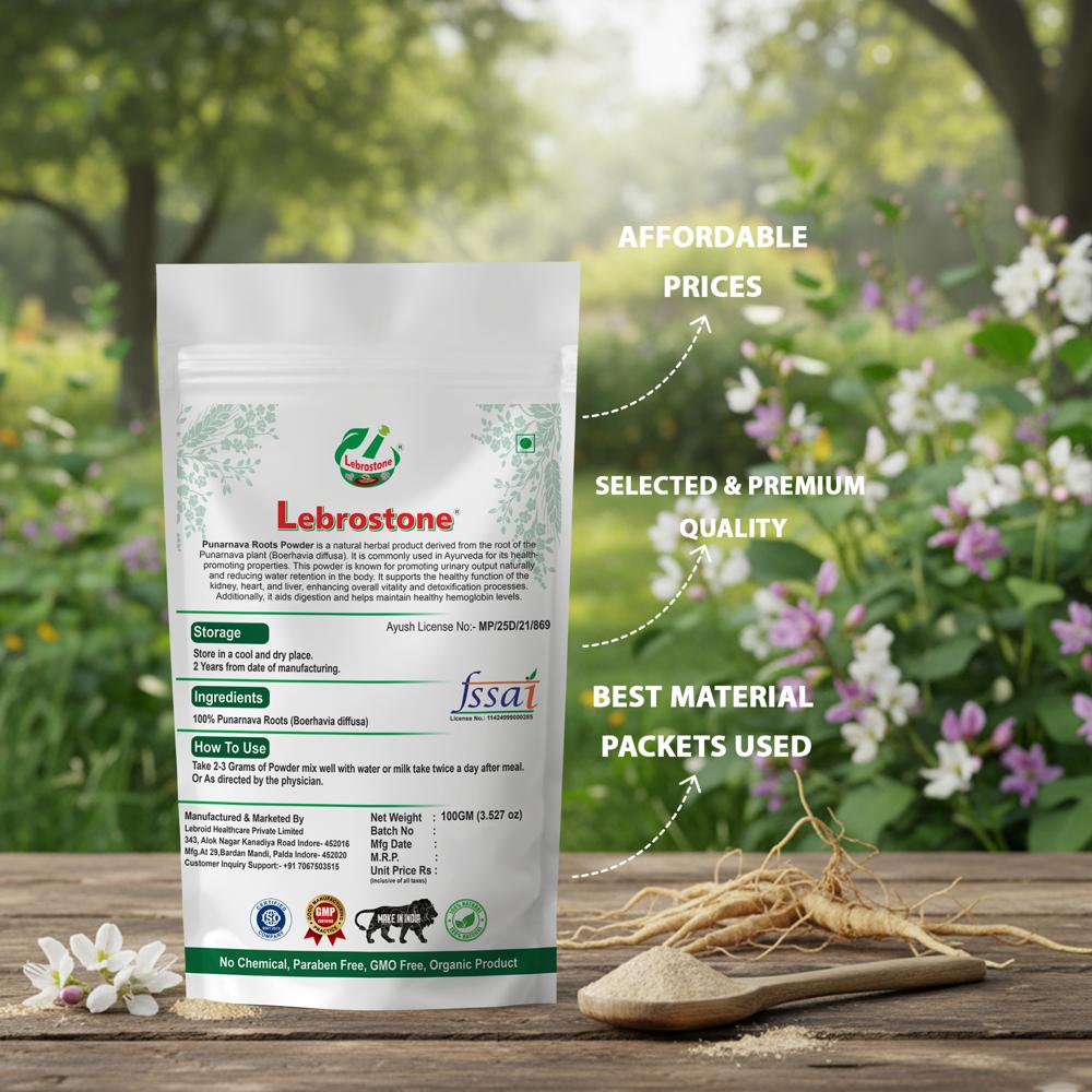 Lebrostone Punarnava Roots Powder | Natural Wellness Powder for Digestion, Detoxification, Heart, Kidney & Immune Support(100gm)