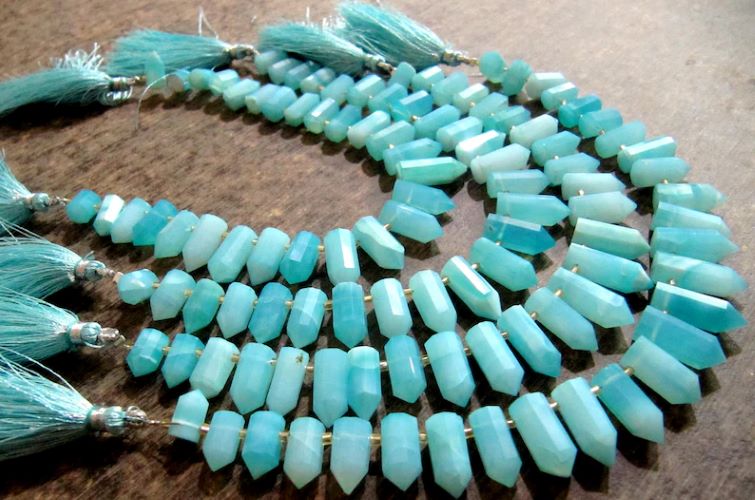 Natural Peruvian Blue Opal Briolette Faceted Pencil Bullet Shape 0.5 to 1 inch long beads Strand 8 inches