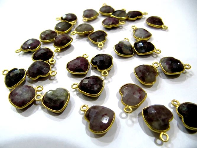 Natural Gemstone heart shape single loop Bezel Connectors Gold Plated 10mm Charms for jewellery making sold per piece