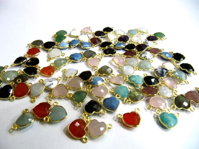 Natural Gemstone heart shape Double loop Bezel Connectors Gold Plated 10mm Charms for jewellery making sold per piece
