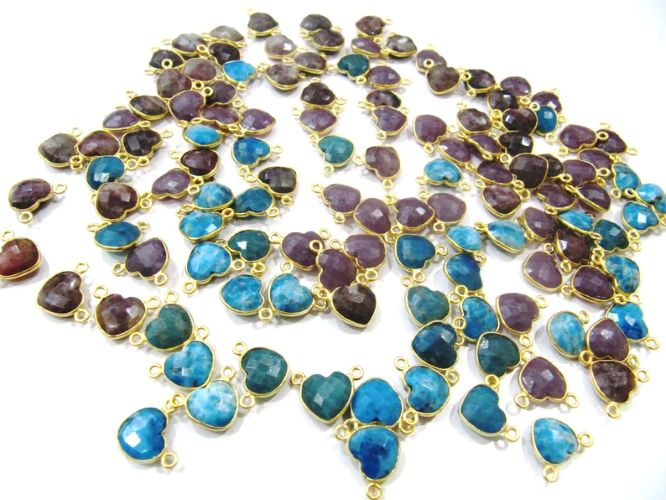 Natural Gemstone heart shape Double loop Bezel Connectors Gold Plated 10mm Charms for jewellery making sold per piece