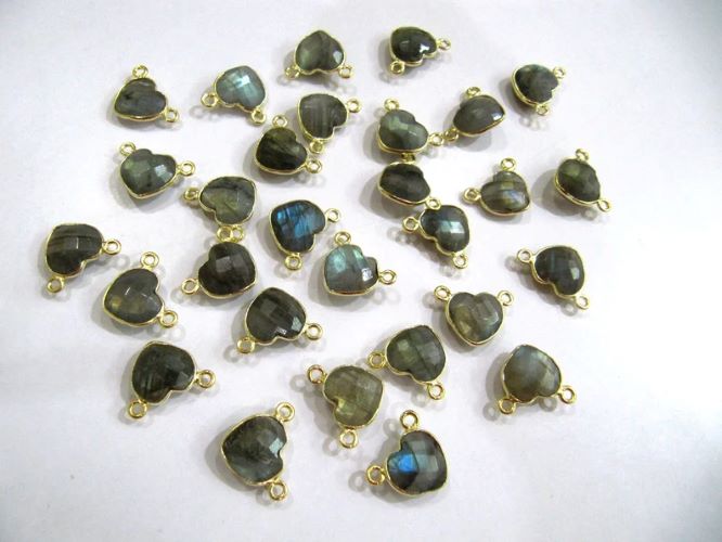 Natural Gemstone heart shape Double loop Bezel Connectors Gold Plated 10mm Charms for jewellery making sold per piece