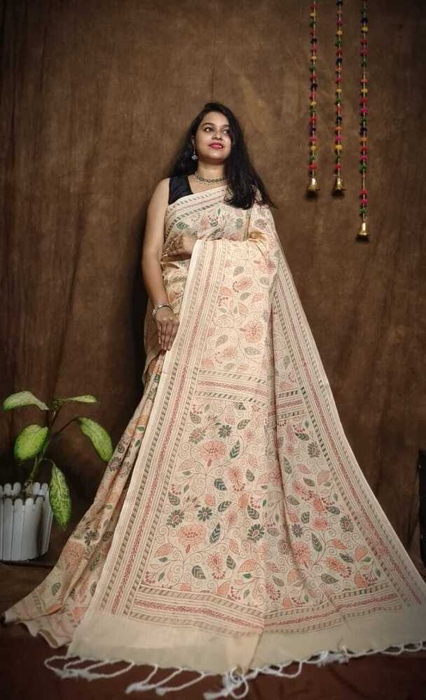 Khadi Cotton Block Print Katha Stick Saree