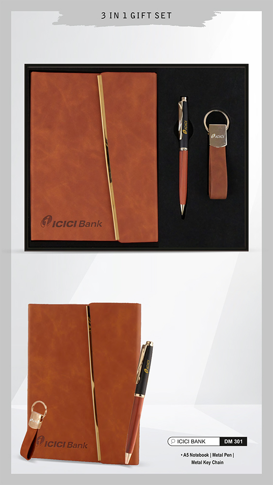 DM301 ICICI Bank A5 Notebook Metal Pen And Metal Key Chain Gift Set