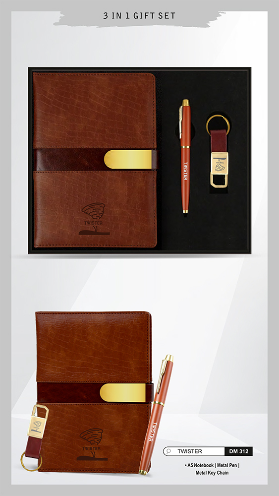 DM312 Twister A5 Notebook Metal Pen And Metal Key Chain Gift Set