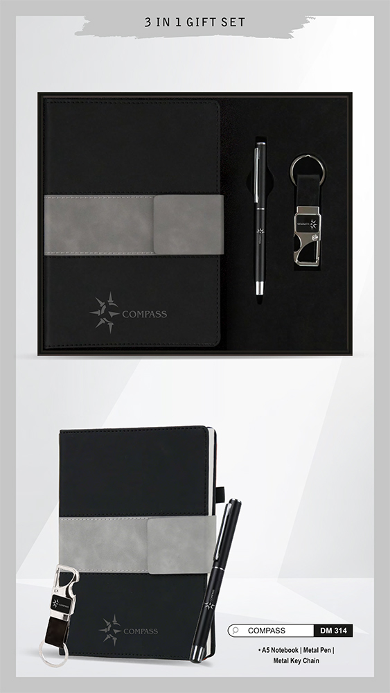 DM314 Compass A5 Notebook Metal Pen And Metal Key Chain Gift Set