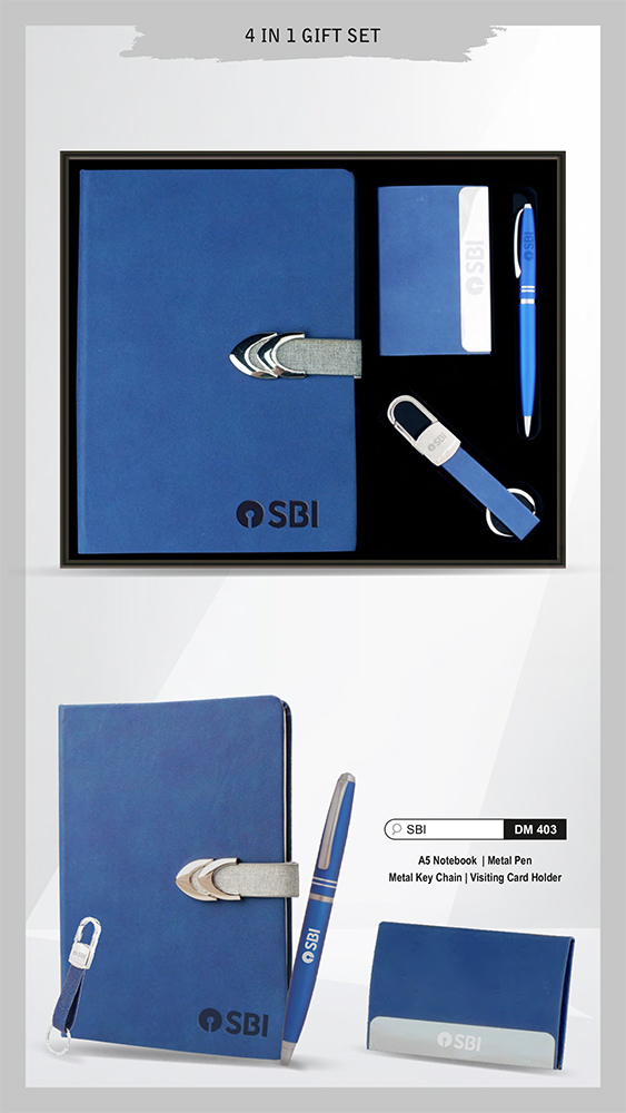 DM403 SBI A5 Notebook Metal Pen Metal Key Chain And Visiting Card Holder Gift Set
