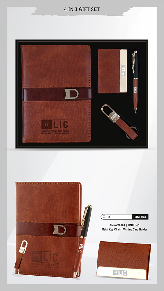 DM404 LIC A5 Notebook Metal Pen Metal Key Chain And Visiting Card Holder Gift Set