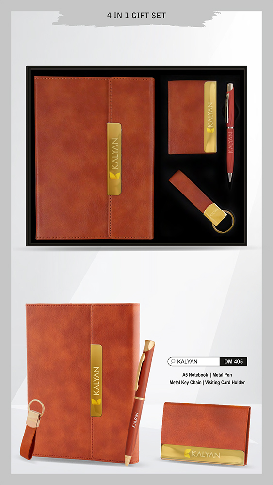 DM405 Kalyan A5 Notebook Metal Pen Metal Key Chain And Visiting Card Holder Gift Set