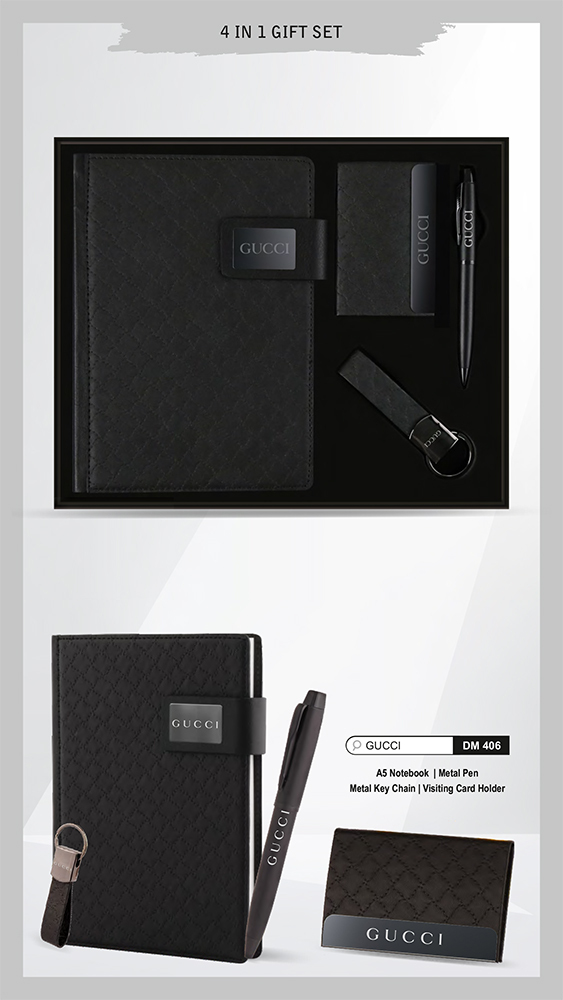 DM406 Gucci A5 Notebook Metal Pen Metal Key Chain And Visiting Card Holder Gift Set