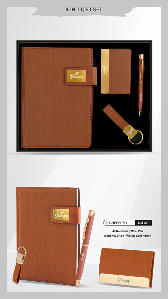 DM409 Green Ply A5 Notebook Metal Pen Metal Key Chain And Visiting Card Holder Gift Set