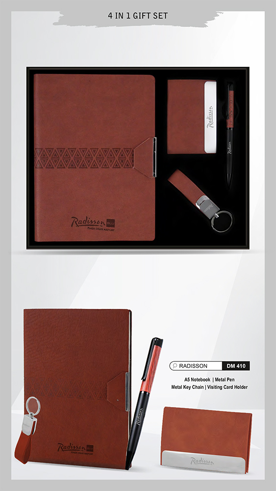 DM410 Radisson A5 Notebook Metal Pen Metal Key Chain And Visiting Card Holder Gift Set
