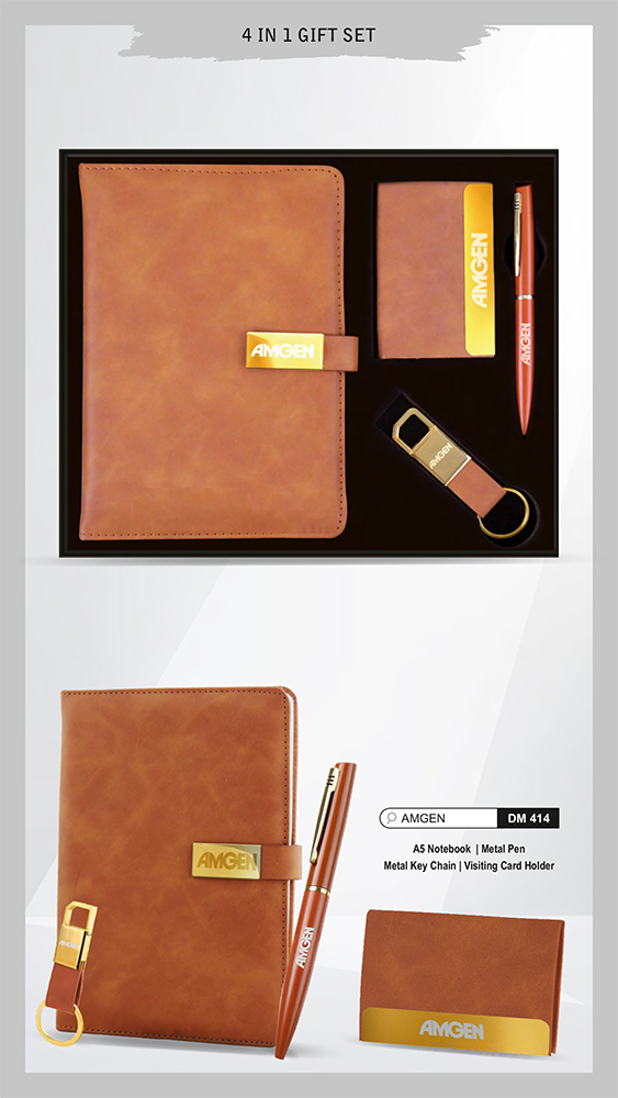 DM414 Amgen A5 Notebook Metal Pen Metal Key Chain And Visiting Card Holder Gift Set