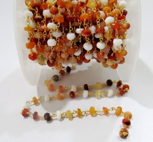 Natural Fire Opal Rosary Chain 4 to 5mm Rondelle faceted Beads, Genuine Fire opal Beads Wire Wrapped Chain, Beaded Chain sold per foot