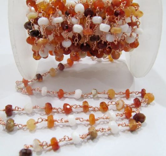 Natural Fire Opal Rosary Chain 4 to 5mm Rondelle faceted Beads, Genuine Fire opal Beads Wire Wrapped Chain, Beaded Chain sold per foot