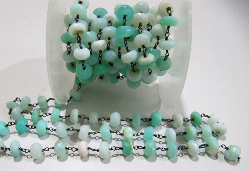 Natural Blue Opal Rondelle Faceted 8mm Beaded Chain Peruvian Opal Rosary Handmade Chain Wholesale Prices Blue gemstone chain Per foot